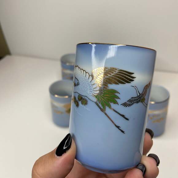 Vintage 6pc Japanese Gold Crane Blue Tea Cup - Picture 5 of 12